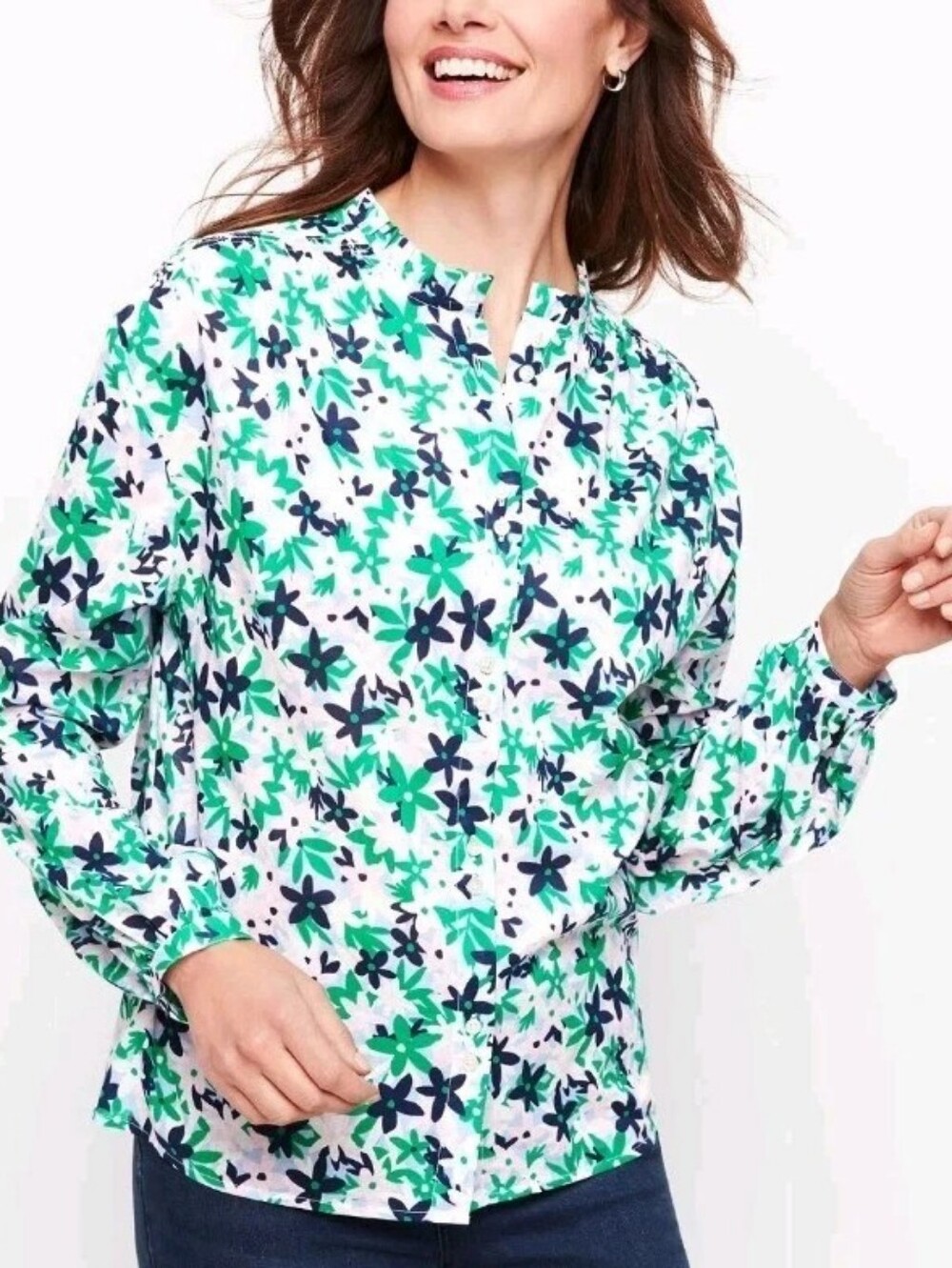 Talbots Cotton Green and Blue Floral Button-Up Blouse
